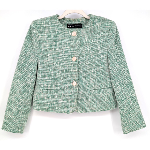 Zara Green Tweed Cropped Tailored Blazer Small Feminine Preppy Twee Classic - Picture 2 of 16